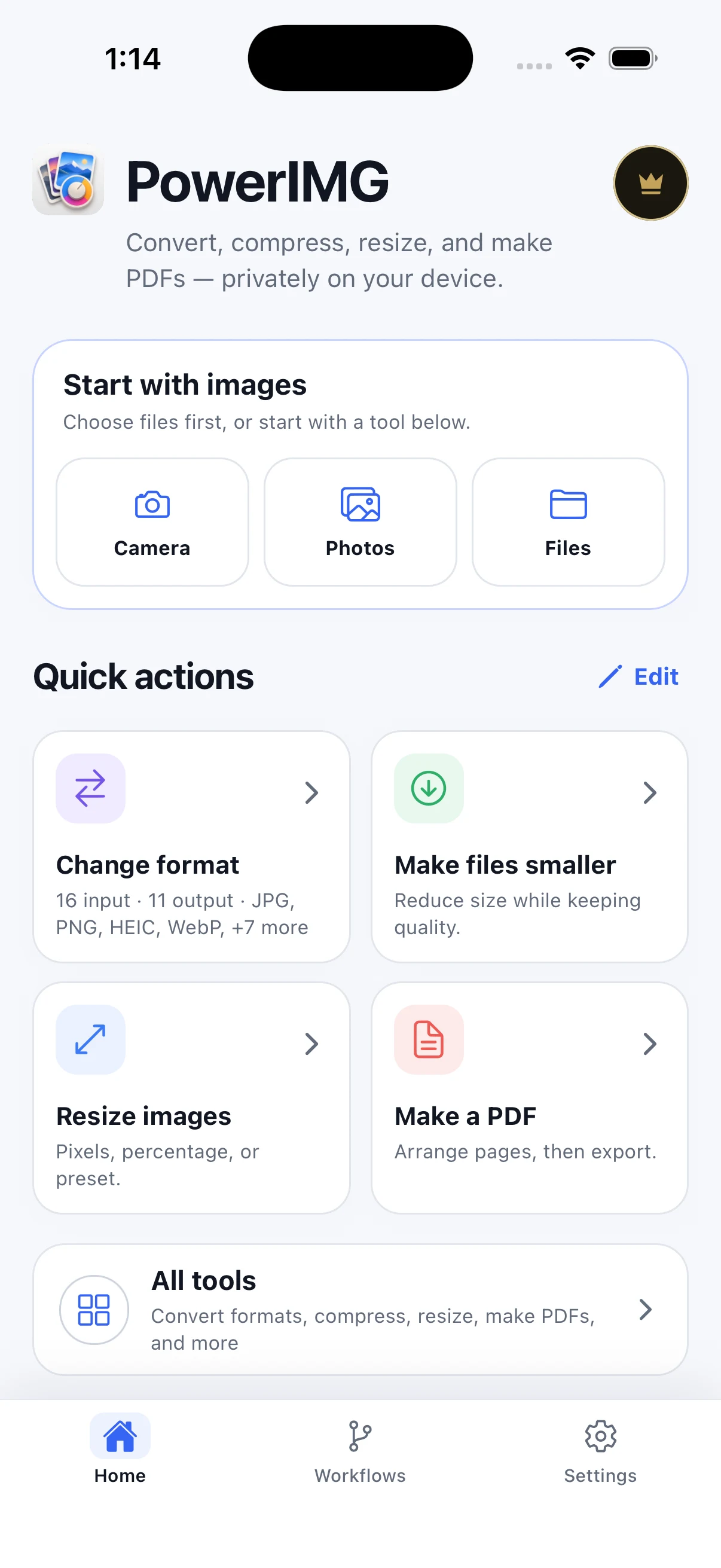 PowerIMG home screen with image sources and quick actions