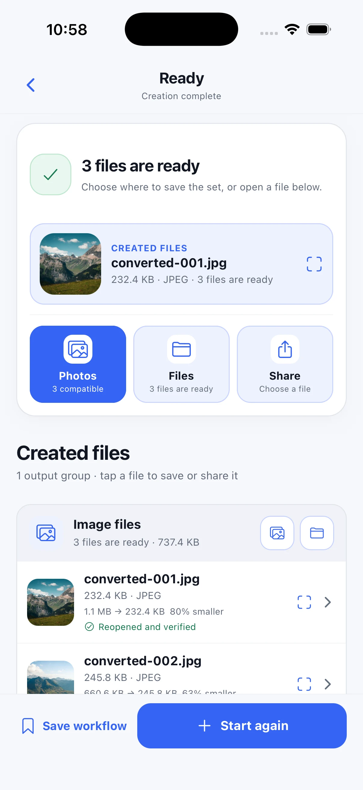 PowerIMG result screen showing files ready to save or share