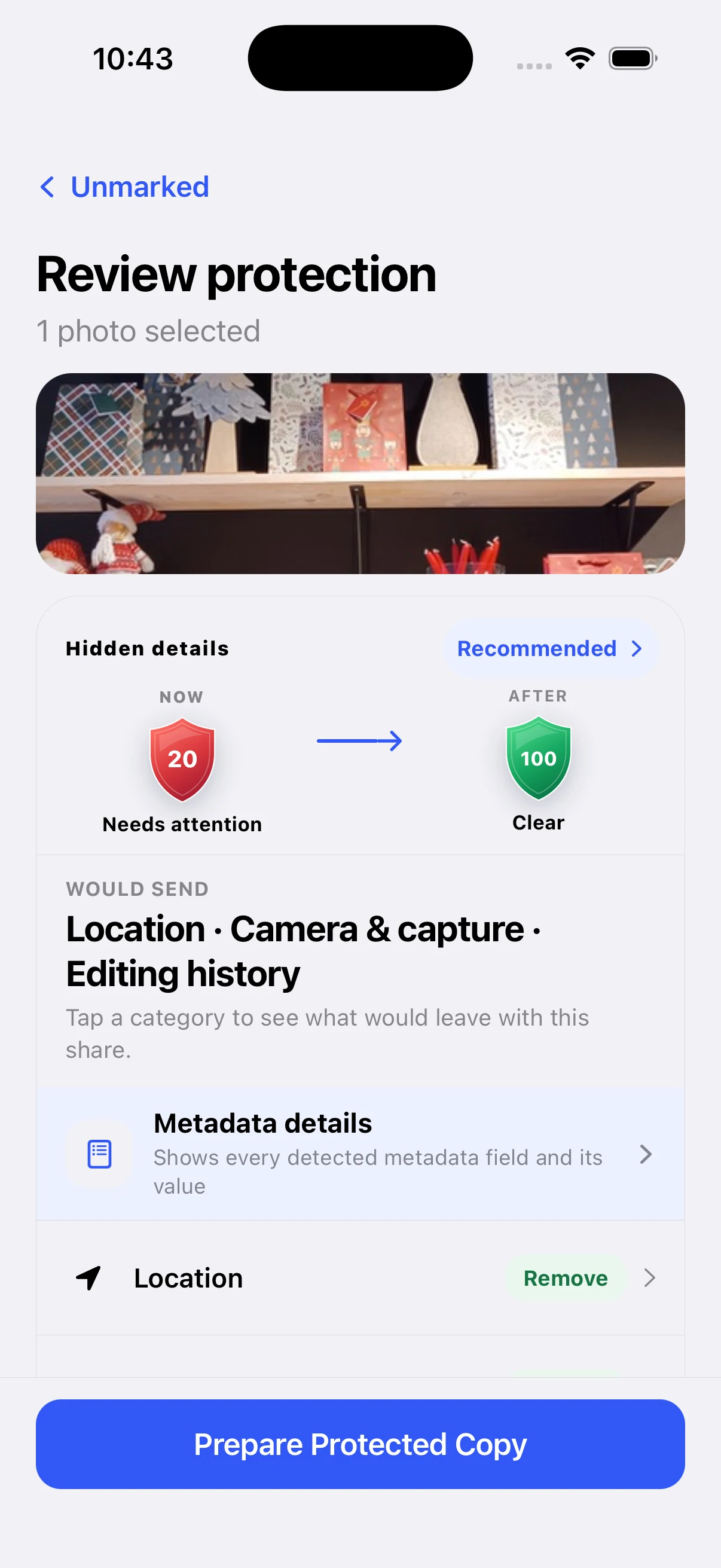 Unmarked iPhone result screen showing a protected copy while the original remains unchanged